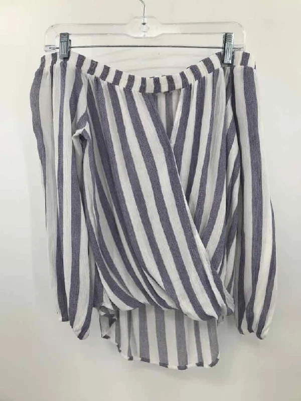 Pre-Owned Staccato Blue Size Medium Stripe Long Sleeve Blouse Feminine Puff Blouse