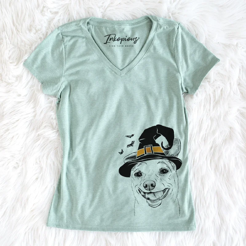 Witch Mortimer the Mixed Breed - Women's Perfect V-neck Shirt-- Welt Pockets Slit Pockets Witch Mortimer the Mixed Breed - Women's Perfect V-neck Shirt-- Welt Pockets Slit Pockets