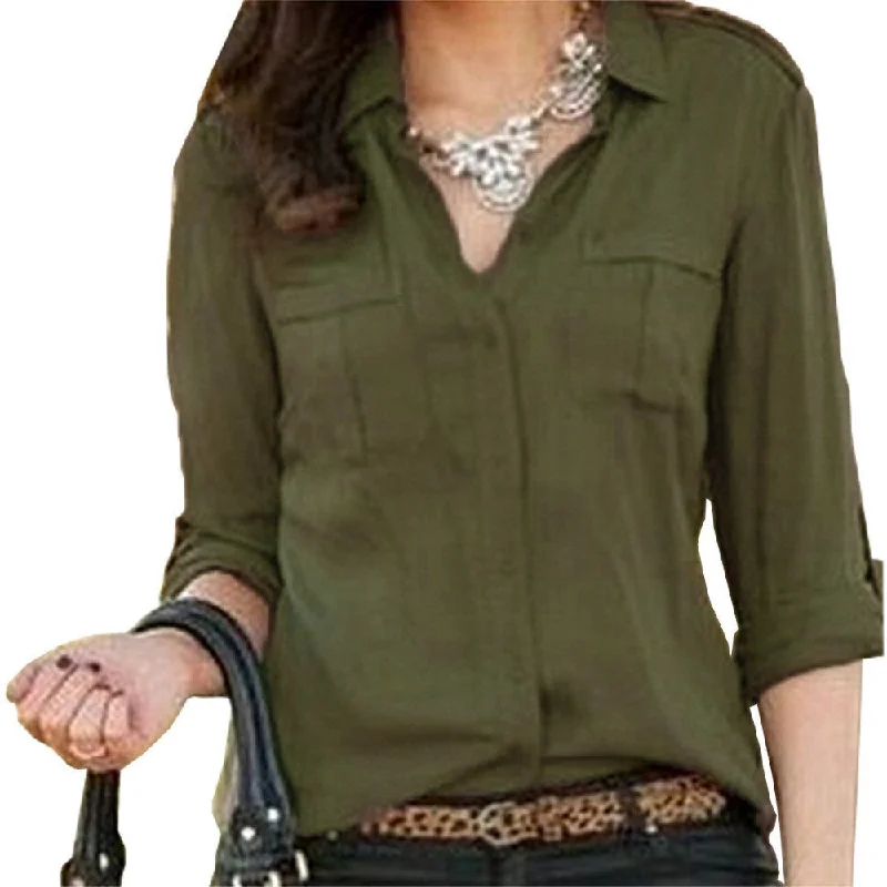 Women Button Turn-down Collar Blouse Ladies Casual Long Sleeve Pocket Solid Chiffon Shirts Tops Vintage Loose Blusas Femininas Elegant Peplum Blouse