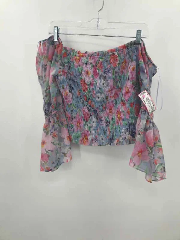 Pre-Owned lost + wander Blue Size Medium Floral Long Sleeve Blouse Chic Off-Shoulder Blouse