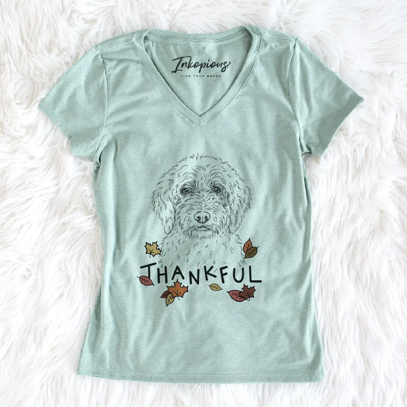 Thankful Teddy the Labradoodle - Women's V-neck Shirt-- Hooded Caped Shawl Collar
