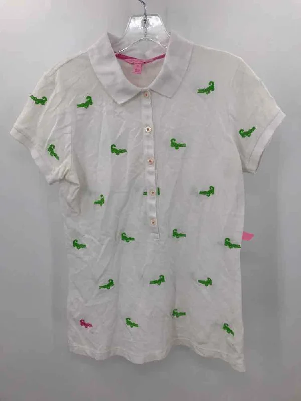 Pre-Owned Lilly Pulitzer White Size Medium Printed Polo Blouse Chic Ruffle Blouse