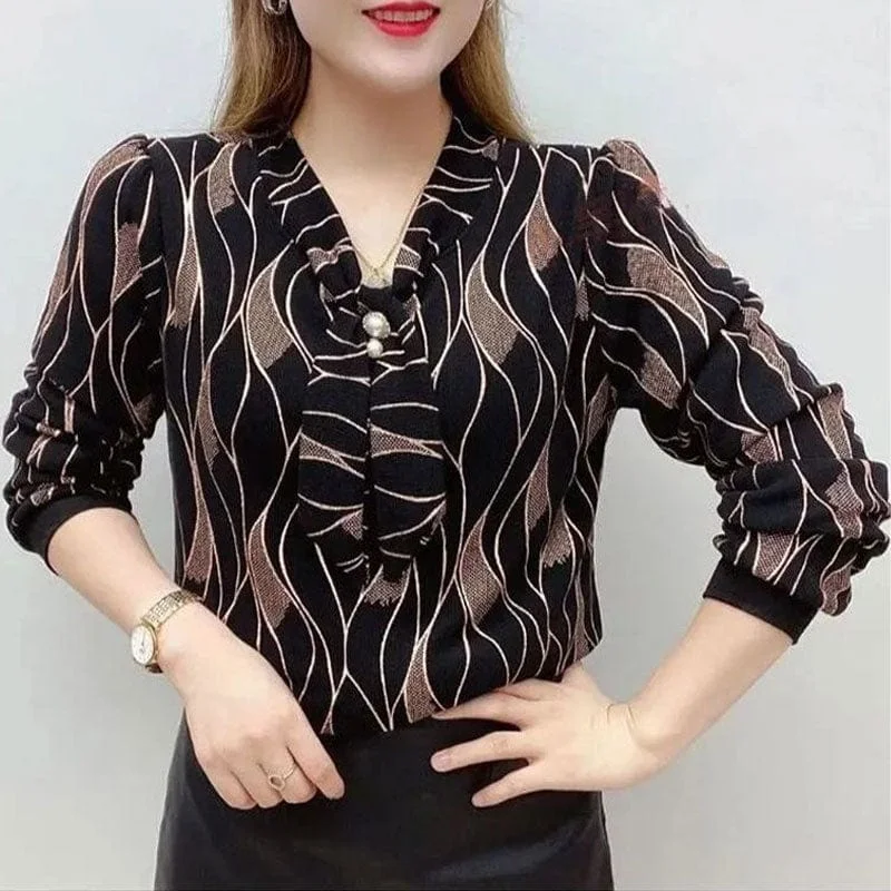 Female Clothing Wave Printed V-Neck Shirt Bandage Spring Autumn New Diamonds Chic Pearl Three-dimensional Decoration Blouse 2022 Chic Square Blouse Female Clothing Wave Printed V-Neck Shirt Bandage Spring Autumn New Diamonds Chic Pearl Three-dimensional Decoration Blouse 2022 Chic Square Blouse