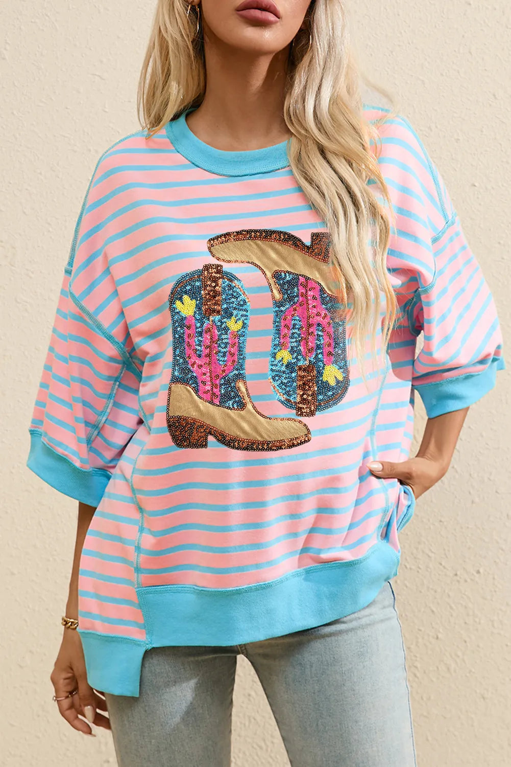 Hazel Blues® | Boots Striped Round Neck Half Sleeve T-Shirt-- Faux Fur Fabric Real Fur Fabric Shearling Fabric Hazel Blues® | Boots Striped Round Neck Half Sleeve T-Shirt-- Faux Fur Fabric Real Fur Fabric Shearling Fabric