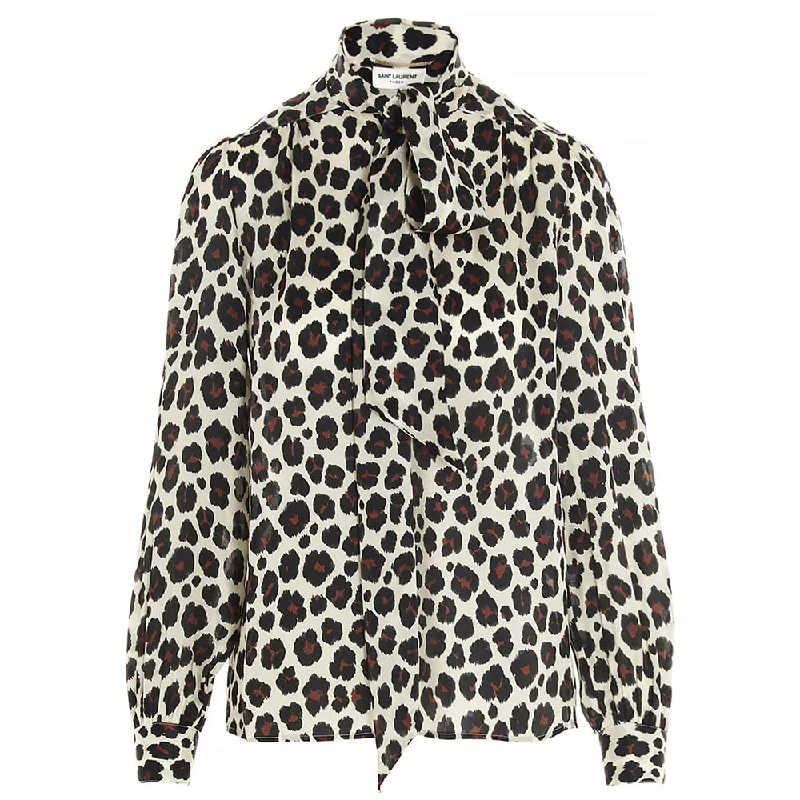 Saint Laurent Women's Leopard Print Silk Blouse Shirt Cream Boho Printed Blouse