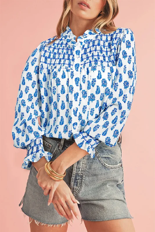 Blue Zone Planet | Sky Blue Boho Floral Printed Lantern Sleeve Frilled Neck Shirred Shirt-- Mesh Blend Leather Blend Suede Blend Blue Zone Planet | Sky Blue Boho Floral Printed Lantern Sleeve Frilled Neck Shirred Shirt-- Mesh Blend Leather Blend Suede Blend