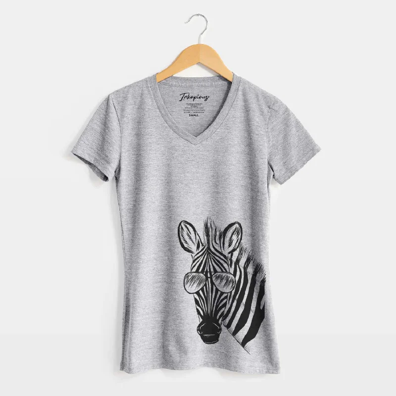 Aviator Zed the Zebra - Women's V-neck Shirt-- Knit Fabric Woven Fabric Fleece Fabric Aviator Zed the Zebra - Women's V-neck Shirt-- Knit Fabric Woven Fabric Fleece Fabric