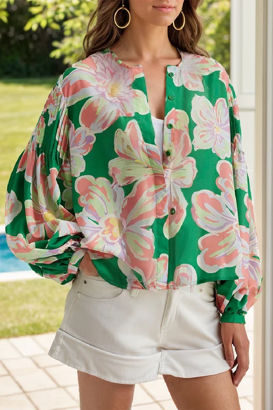 Blue Zone Planet |  Floral Pleated Puff Sleeve Shirt-- Welt Pockets Slit Pockets