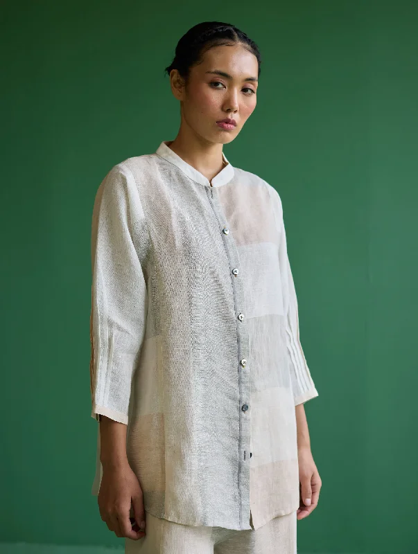 Izara Stripe Patchwork Linen Shirt - Ivory-- Graphic Embroidered Appliqued