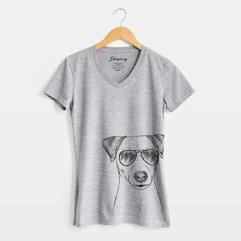 Aviator Ally the Jack Russell Terrier - Women's V-neck Shirt-- Spandex Blend Rayon Blend Denim Blend Aviator Ally the Jack Russell Terrier - Women's V-neck Shirt-- Spandex Blend Rayon Blend Denim Blend