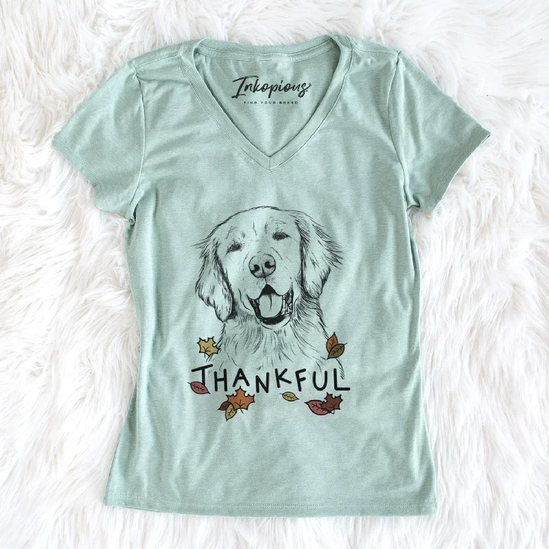 Thankful Wallace the Golden Retriever - Women's V-neck Shirt-- Silk Blend Satin Velvet Thankful Wallace the Golden Retriever - Women's V-neck Shirt-- Silk Blend Satin Velvet