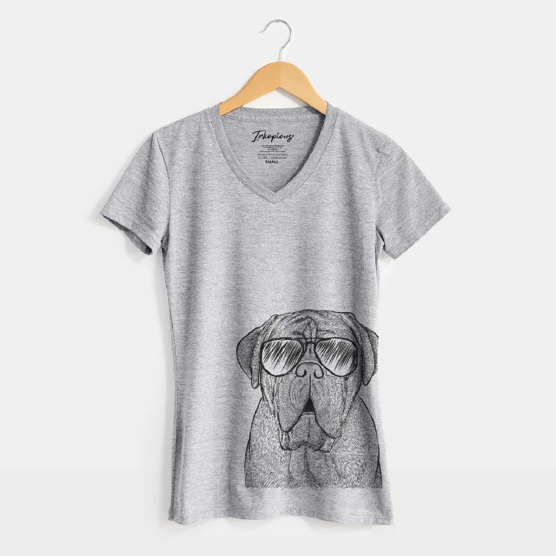 Aviator Optimus the Dogue de Bordeaux - Women's V-neck Shirt-- Print Jacquard Patchwork Aviator Optimus the Dogue de Bordeaux - Women's V-neck Shirt-- Print Jacquard Patchwork