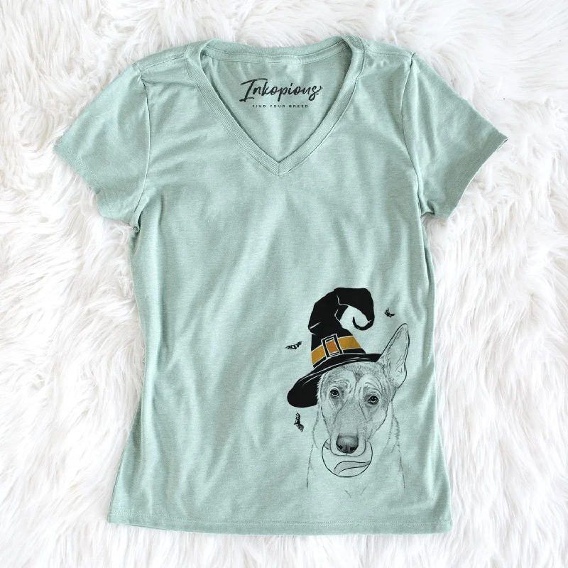 Witch Greta the German Shepherd - Women's Perfect V-neck Shirt-- Zippered Front Buttoned Front Snap Front Witch Greta the German Shepherd - Women's Perfect V-neck Shirt-- Zippered Front Buttoned Front Snap Front