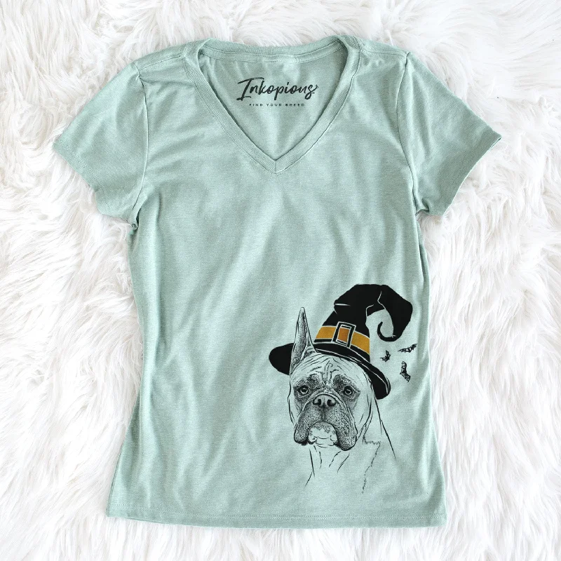 Witch Ezra the Boxer - Women's Perfect V-neck Shirt-- Zippered Front Buttoned Front Snap Front Witch Ezra the Boxer - Women's Perfect V-neck Shirt-- Zippered Front Buttoned Front Snap Front