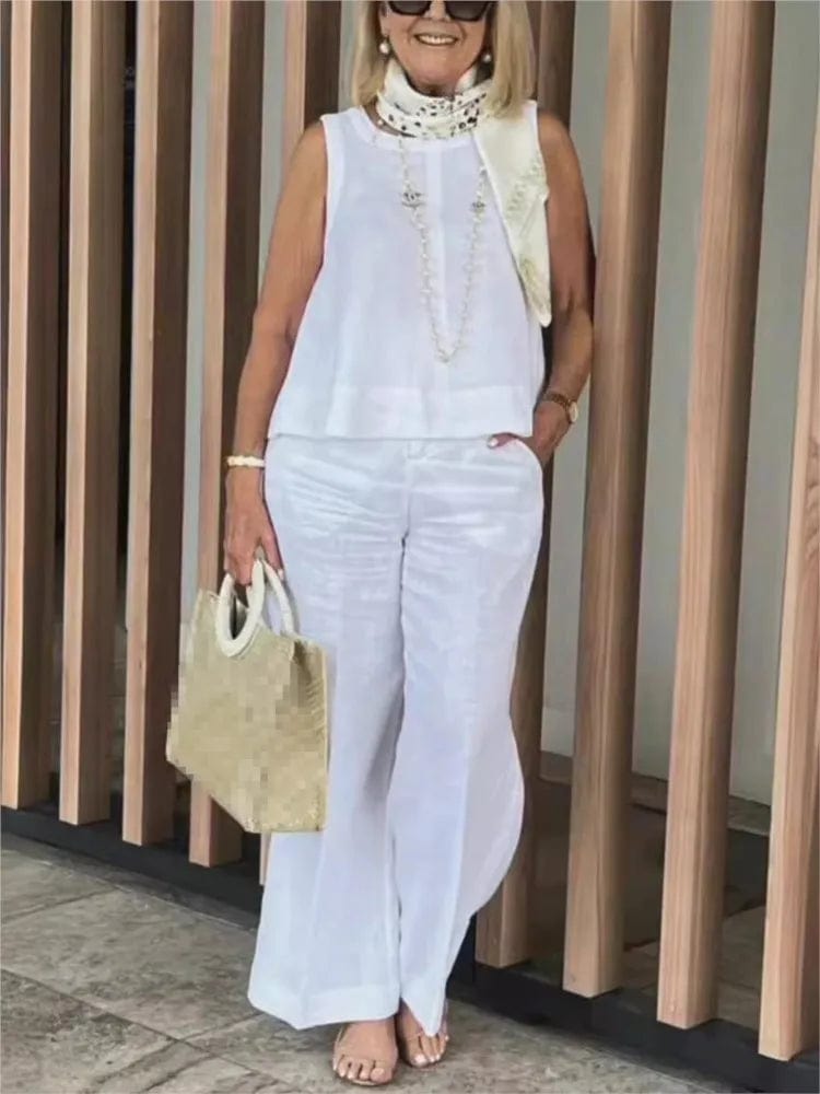 Simple Cotton Linen Women's Suits Summer Fashion Sleeveless Loose Blouse Wide Leg Pants Two Piece Set For Women Casual Outfits Feminine Ruffle Blouse