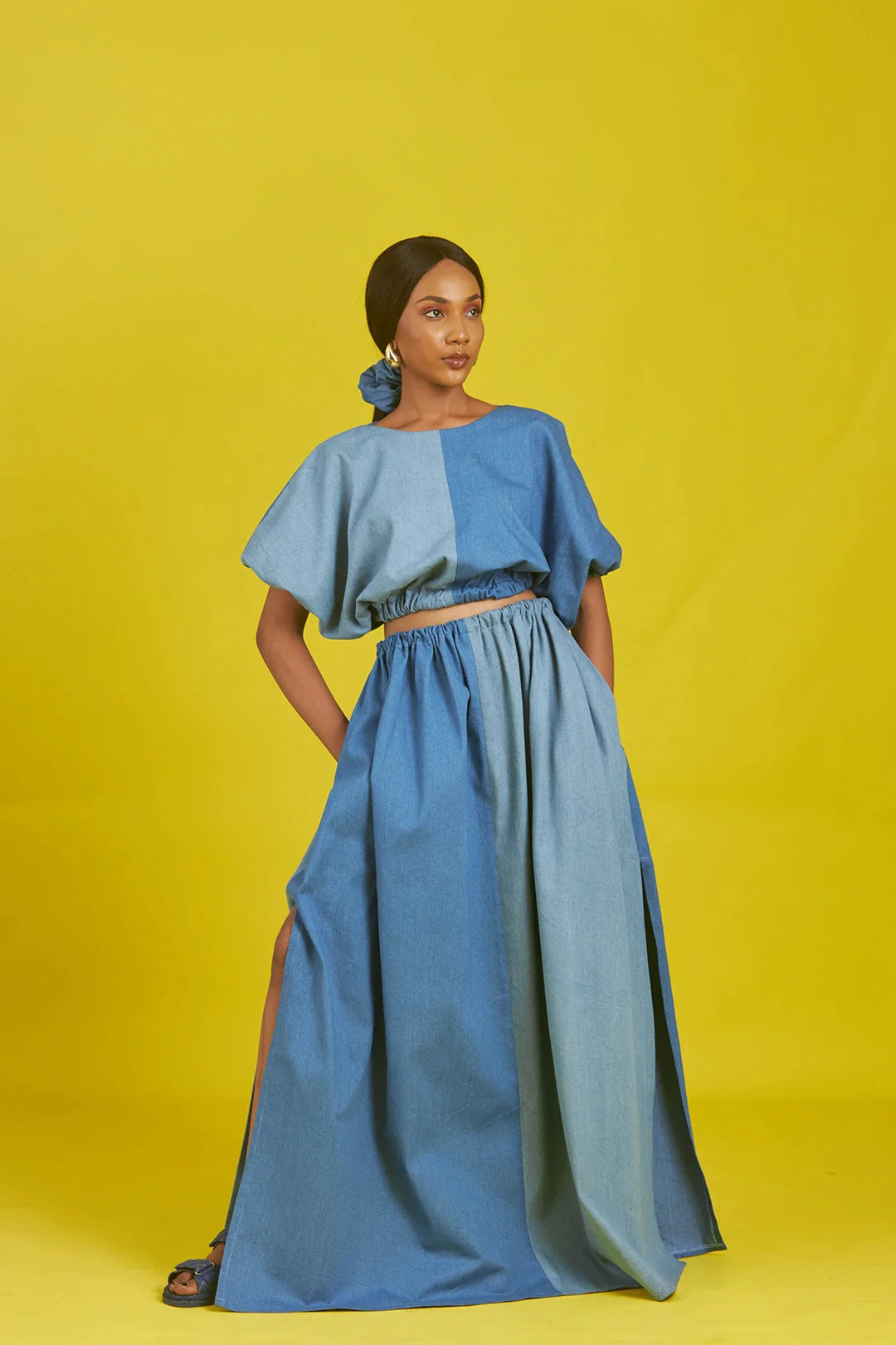 M.O.T. Nunu denim set with the Cropped blouse and side slits and pockets Sheer Mesh Blouse M.O.T. Nunu denim set with the Cropped blouse and side slits and pockets Sheer Mesh Blouse