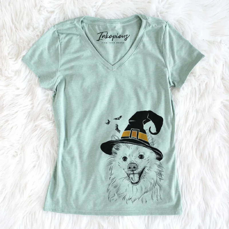 Witch Miki the American Eskimo - Women's V-neck Shirt-- Cotton Fabric Linen Fabric Terry Fabric