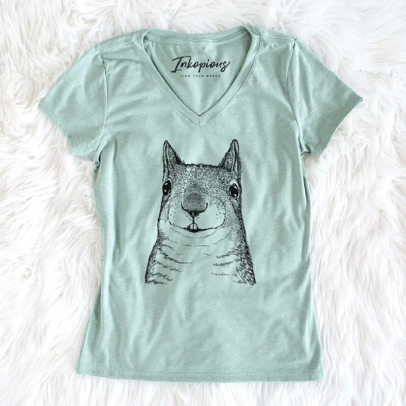 Bare Nibbles the Squirrel - Women's V-neck Shirt-- Cotton Fabric Linen Fabric Terry Fabric Bare Nibbles the Squirrel - Women's V-neck Shirt-- Cotton Fabric Linen Fabric Terry Fabric