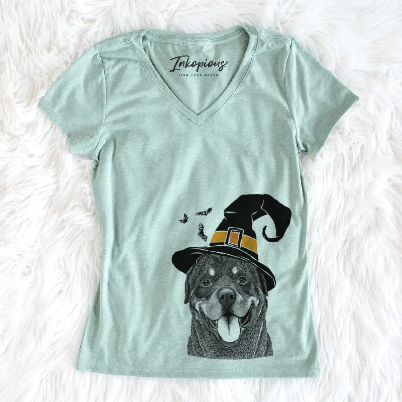 Witch Hagan the Rottweiler - Women's V-neck Shirt-- Embroidered Appliqued Beaded