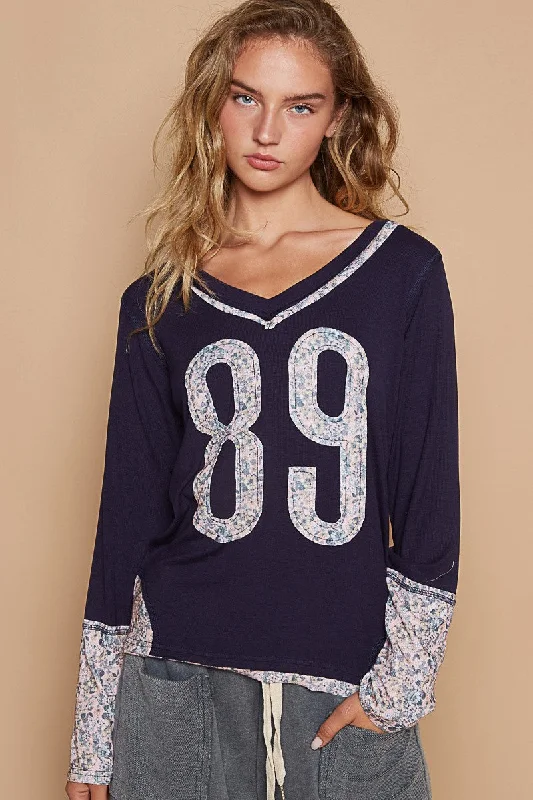 Blue Zone Planet | POL V-Neck Long Sleeve Floral Number Patch T-Shirt-- Polka Dot Checkered Tartan Blue Zone Planet | POL V-Neck Long Sleeve Floral Number Patch T-Shirt-- Polka Dot Checkered Tartan