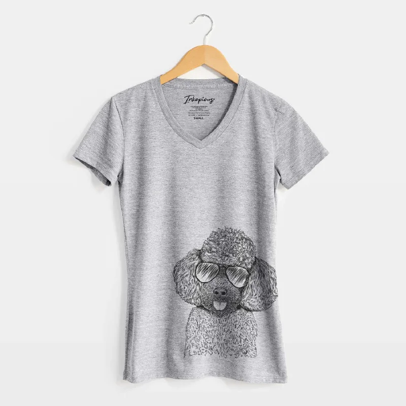 Aviator George the Toy Poodle - Women's V-neck Shirt-- Chenille Brocade Lace