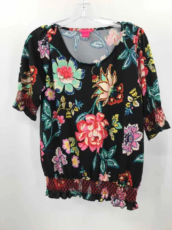 Pre-Owned Sunny Leigh Black Size Medium Floral Blouse Silky Tunic Blouse