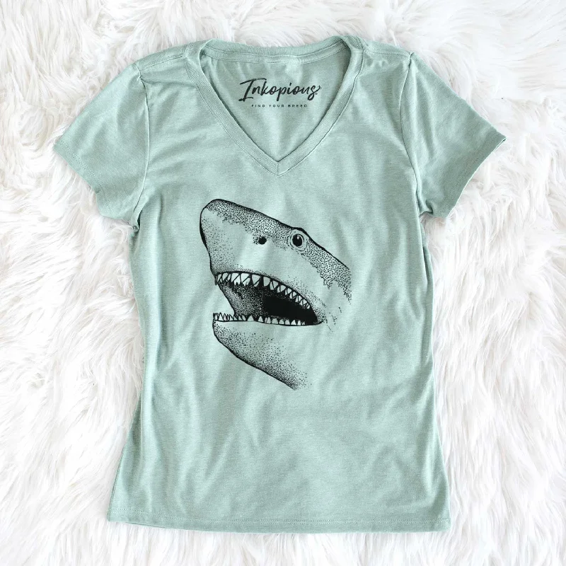 Bare Nado the Great White Shark - Women's V-neck Shirt-- Jersey Fabric Tulle Fabric Batik Fabric Bare Nado the Great White Shark - Women's V-neck Shirt-- Jersey Fabric Tulle Fabric Batik Fabric