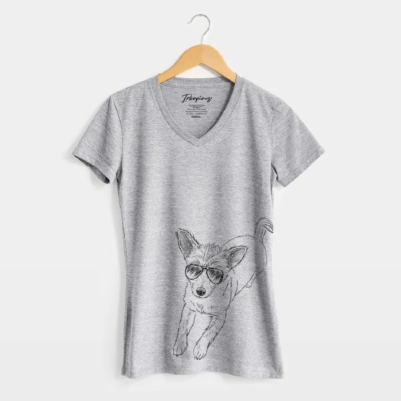 Aviator Maisie the Terrier Mix - Women's V-neck Shirt-- Solid Print Embellished