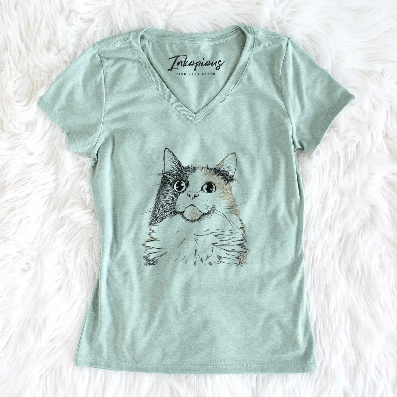 Bare Greta the Calico Cat - Women's V-neck Shirt-- Notch Collar Peter Pan Collar Cowl Neck Bare Greta the Calico Cat - Women's V-neck Shirt-- Notch Collar Peter Pan Collar Cowl Neck