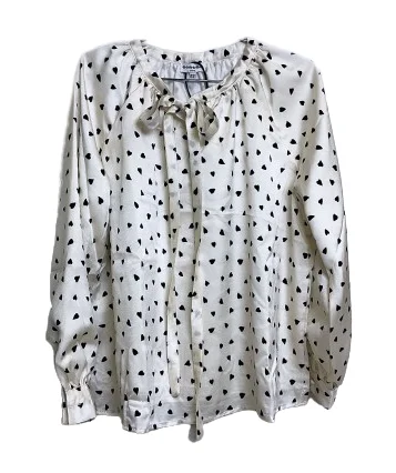 Ivory Allover Black Hearts Tie Neck Shirt-- Satin Blend Silk Blend Wool Blend