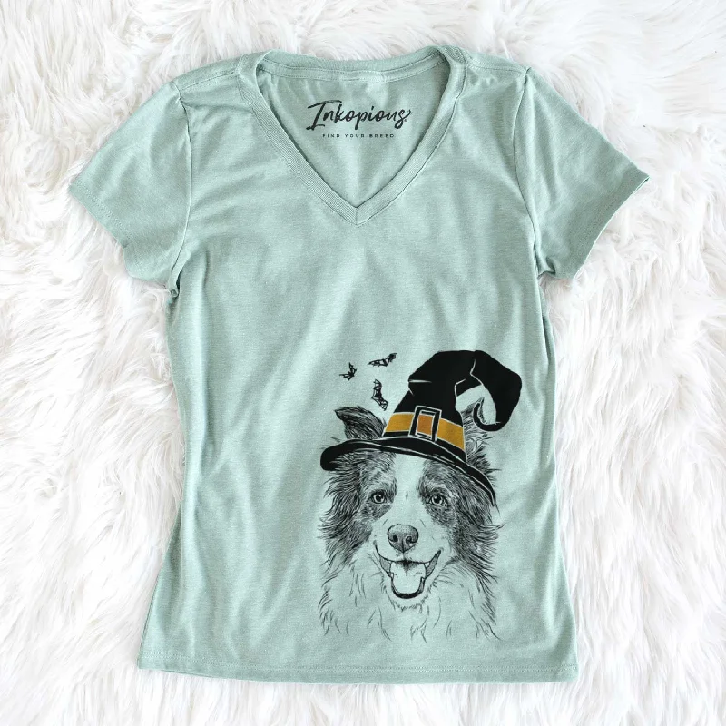 Witch Kylee the Border Collie - Women's V-neck Shirt-- Ribbed Striped Patterned