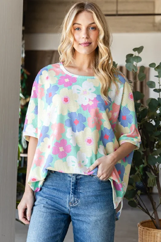 Blue Zone Planet | HOPELY Floral Waffle Oversized T-Shirt-- Collared T-Shirt Boat Neck A-Line Blue Zone Planet | HOPELY Floral Waffle Oversized T-Shirt-- Collared T-Shirt Boat Neck A-Line