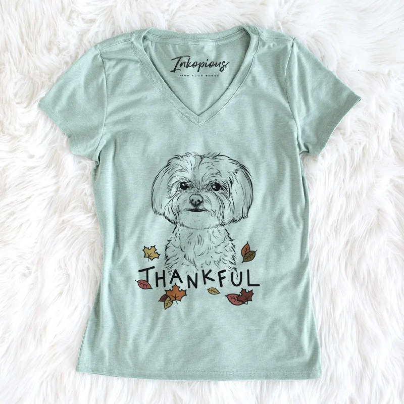 Thankful Willow the Maltese - Women's V-neck Shirt-- Iron Safe Non-Iron Wrinkle Free Thankful Willow the Maltese - Women's V-neck Shirt-- Iron Safe Non-Iron Wrinkle Free