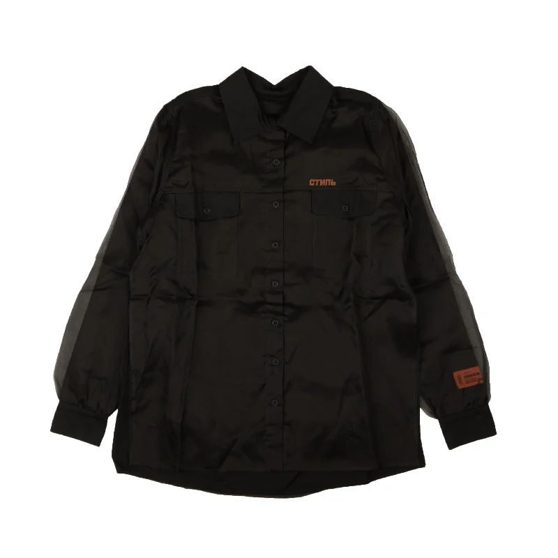 HERON PRESTON Black Double Layer Button Down Blouse Boho Printed Blouse