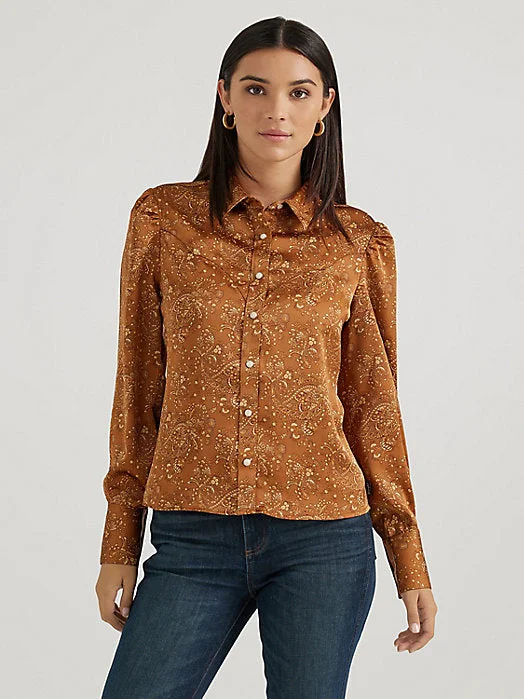 Wrangler Women's Bronze Blouse Snap Up Oversized Silk Blouse