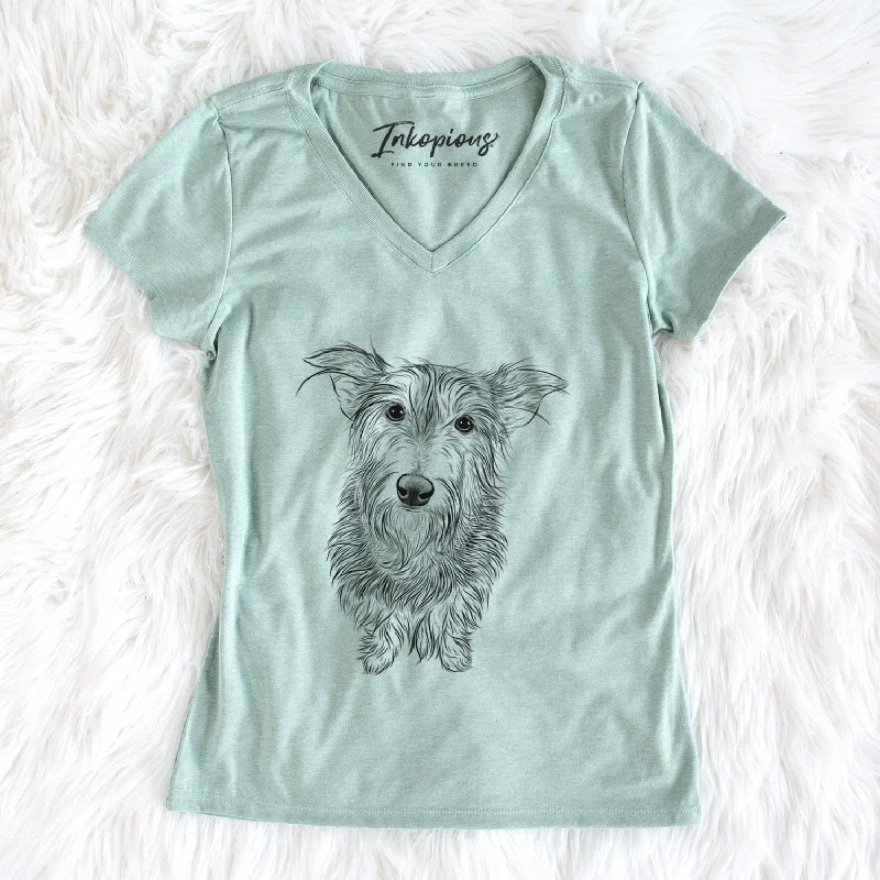 Bare Frida Doggo the Rescue Terrier Mix - Women's V-neck Shirt-- Spandex Blend Rayon Blend Denim Blend Bare Frida Doggo the Rescue Terrier Mix - Women's V-neck Shirt-- Spandex Blend Rayon Blend Denim Blend