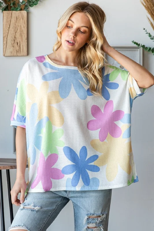 Blue Zone Planet | HOPELY Floral Round Neck Waffle T-Shirt-- Oversized T-Shirt Spandex breathable Blue Zone Planet | HOPELY Floral Round Neck Waffle T-Shirt-- Oversized T-Shirt Spandex breathable