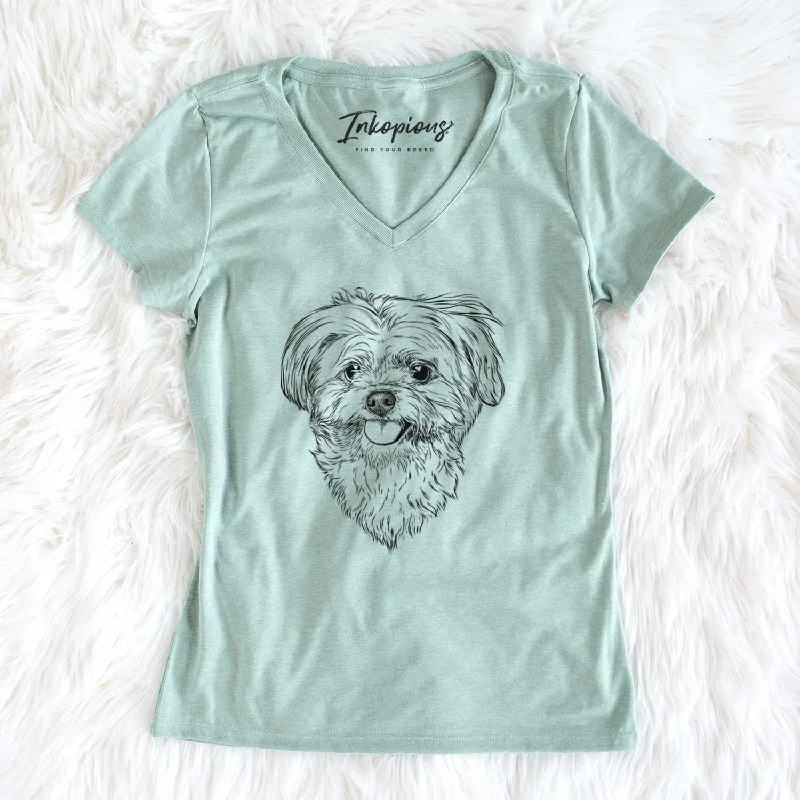 Bare Rosie the Maltipoo - Women's V-neck Shirt-- Mesh Blend Leather Blend Suede Blend