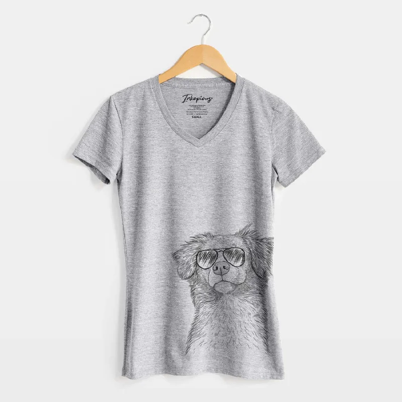 Aviator Vixen the Nova Scotia Duck Tolling Retriever - Women's V-neck Shirt-- Embroidered Appliqued Beaded Aviator Vixen the Nova Scotia Duck Tolling Retriever - Women's V-neck Shirt-- Embroidered Appliqued Beaded