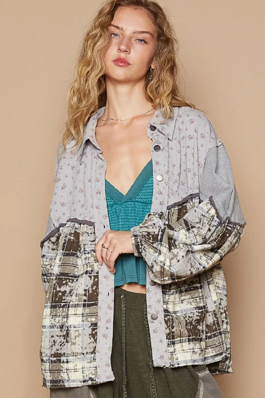 Blue Zone Planet | POL Balloon Sleeve Floral Color Block Plaid Shirt-- Zippered Buttoned Snapped Blue Zone Planet | POL Balloon Sleeve Floral Color Block Plaid Shirt-- Zippered Buttoned Snapped