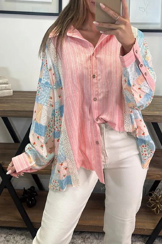 Pink Stripe Floral Patchwork Tunic Loose Fit Shirt-- Handmade Hand-knitted Hand-woven Pink Stripe Floral Patchwork Tunic Loose Fit Shirt-- Handmade Hand-knitted Hand-woven