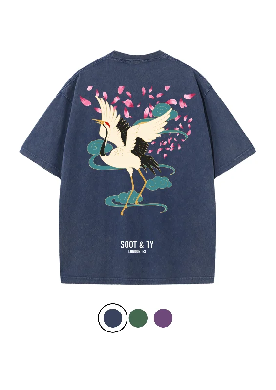 Soot and Ty Dancing Crane Print Relaxed Fit Stonewash T-shirt-- Lace Blend Ribbed Blend Corduroy Blend Soot and Ty Dancing Crane Print Relaxed Fit Stonewash T-shirt-- Lace Blend Ribbed Blend Corduroy Blend