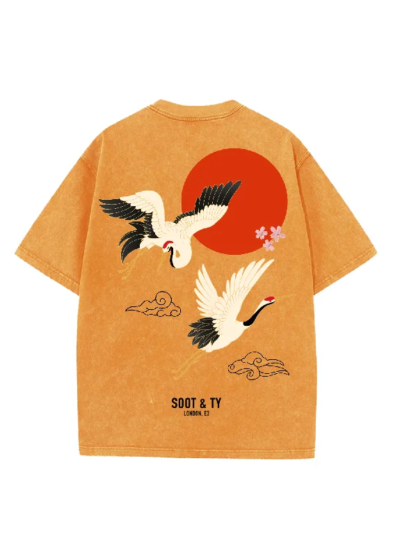 Soot and Ty Flying Crane Print Relaxed Fit Stonewash Yellow T-shirt-- Notch Collar Peter Pan Collar Cowl Neck Soot and Ty Flying Crane Print Relaxed Fit Stonewash Yellow T-shirt-- Notch Collar Peter Pan Collar Cowl Neck