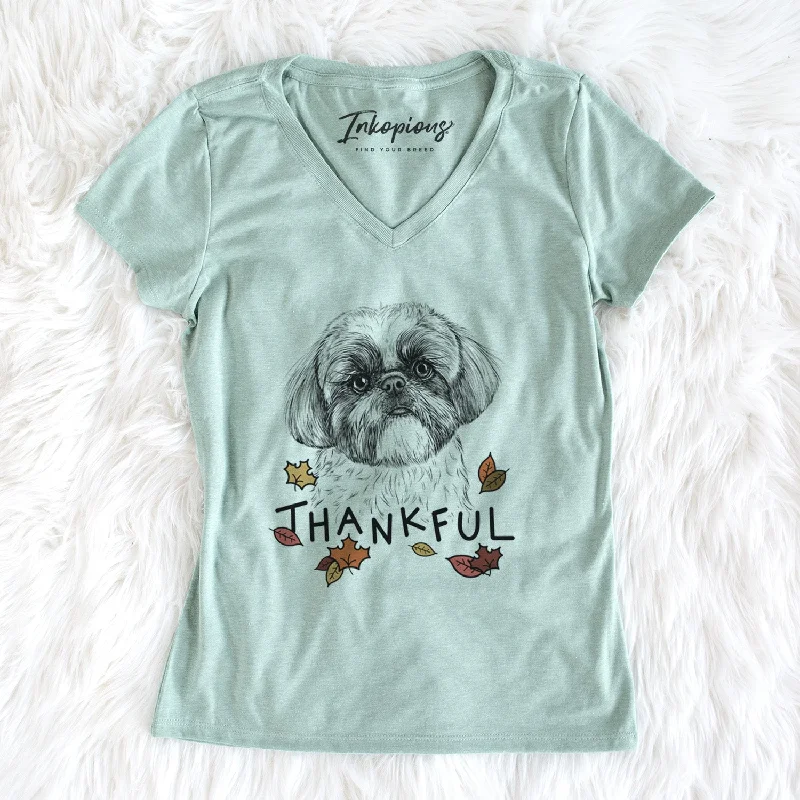 Thankful Simon the Shih Tzu - Women's V-neck Shirt-- Faux Fur Fabric Real Fur Fabric Shearling Fabric Thankful Simon the Shih Tzu - Women's V-neck Shirt-- Faux Fur Fabric Real Fur Fabric Shearling Fabric