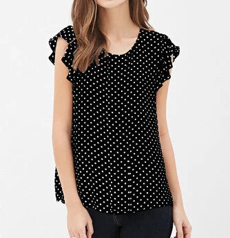 Summer Women Blouses Print shirts Casual Women Top ruffles sleeve Blue Polka Dot Blouses summer style For Women Soft Satin Blouse