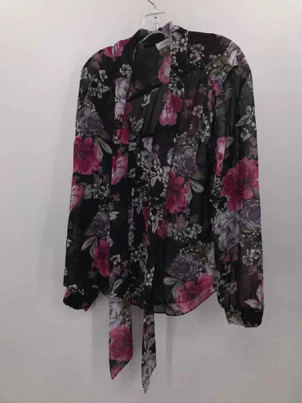Pre-Owned Tahari Black Size Large Floral Long Sleeve Blouse Embroidered Floral Blouse
