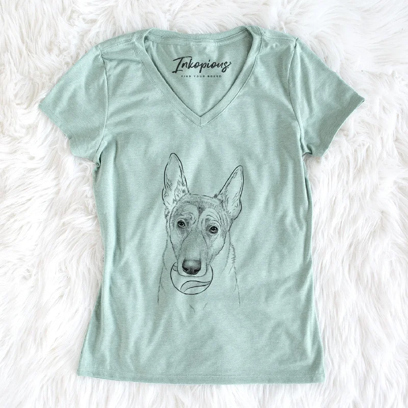 Bare Greta the German Shepherd - Women's V-neck Shirt-- Knit Fabric Woven Fabric Fleece Fabric Bare Greta the German Shepherd - Women's V-neck Shirt-- Knit Fabric Woven Fabric Fleece Fabric