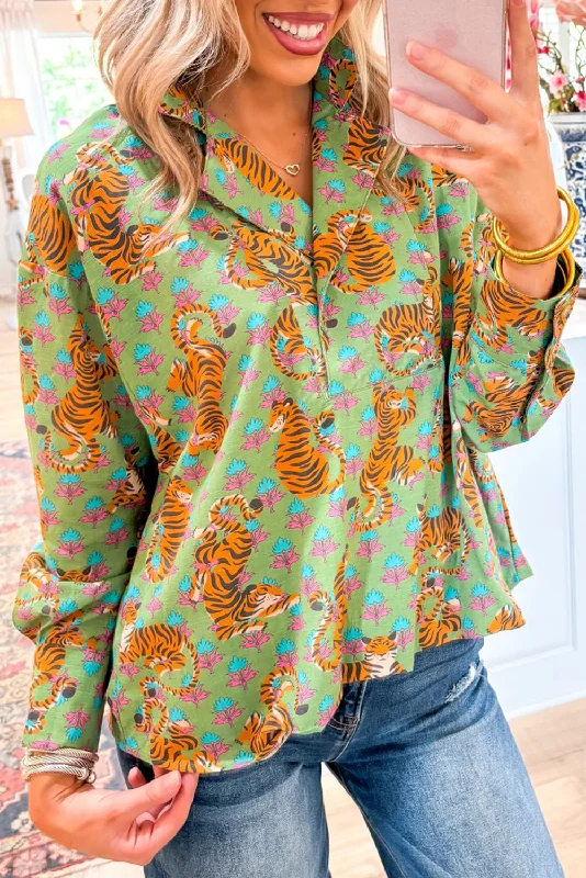 Blue Zone Planet | Green Tiger Floral Printed Collared V Neck Casual Shirt-- Collared Crew Neck Turtle Neck Blue Zone Planet | Green Tiger Floral Printed Collared V Neck Casual Shirt-- Collared Crew Neck Turtle Neck