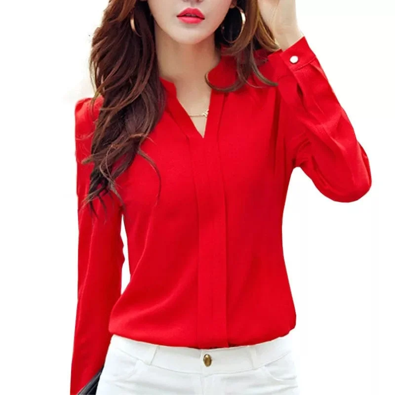 Long Sleeve Shirt Women Autumn Clothing Fashion Slim Chiffon Blouse V Neck Korean Elegant Ladies Office Shirts White Red DF2324 Office Formal Blouse Long Sleeve Shirt Women Autumn Clothing Fashion Slim Chiffon Blouse V Neck Korean Elegant Ladies Office Shirts White Red DF2324 Office Formal Blouse