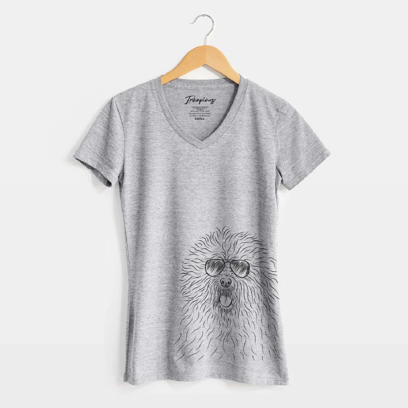 Aviator Cozie the Old English Sheepdog - Women's V-neck Shirt-- Handmade Hand-knitted Hand-woven Aviator Cozie the Old English Sheepdog - Women's V-neck Shirt-- Handmade Hand-knitted Hand-woven